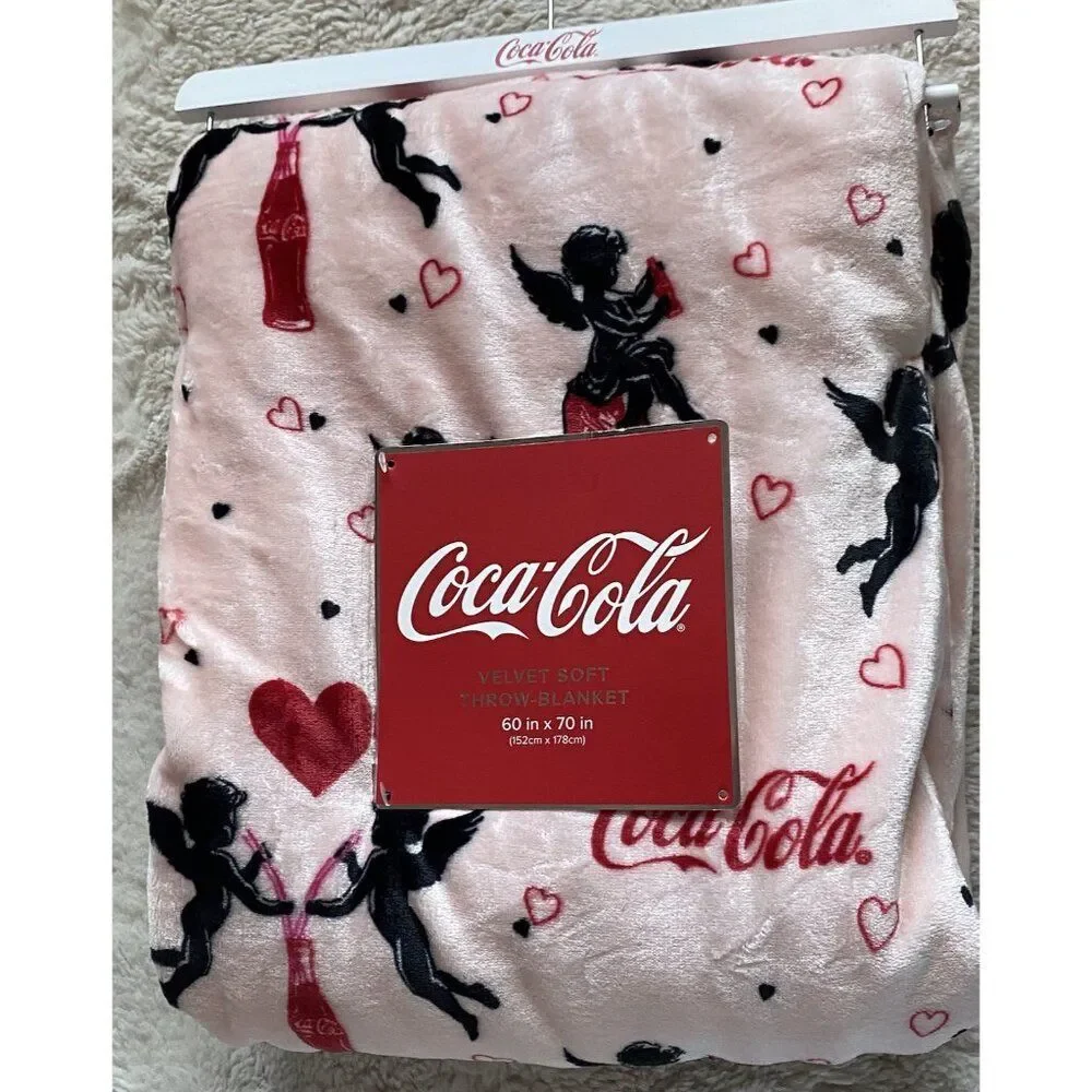 Coca Cola Can Pink Valentines Cupid Hearts Velvet Soft Throw‎ Blanket 60 X 70”